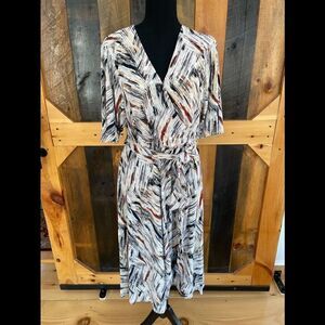 New with tags Sandra Darren Brushstroke Print faux wrap style belted dress sz M